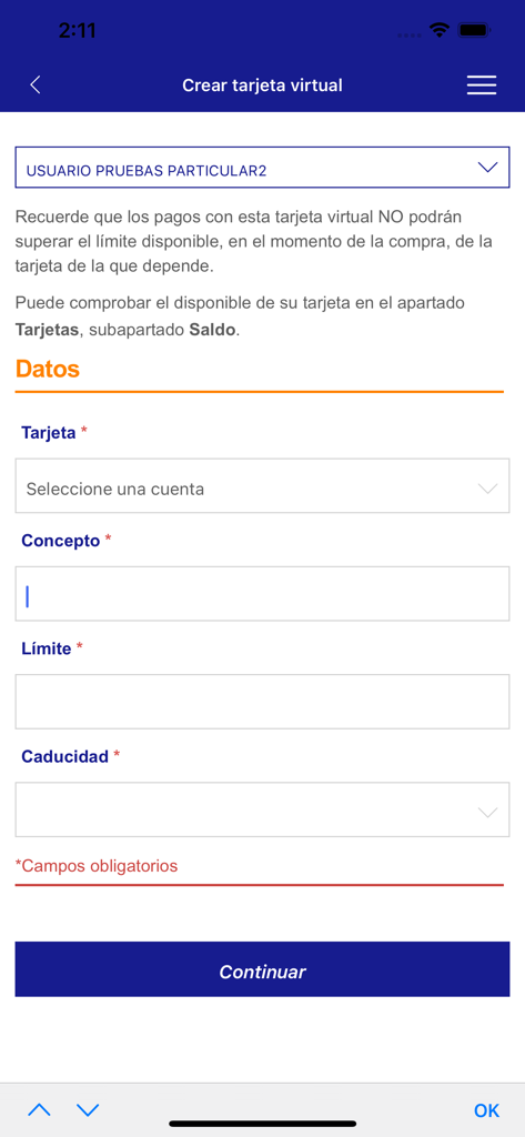 Caixa Ontinyent - Form in the Caixa Ontinyent app to create a virtual card including fields for card selection, concept, limit, and expiration date
