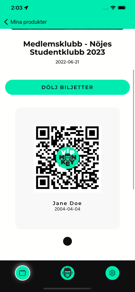 Digitale Mitgliedskarte mit einem QR-Code für einen Studentenclub innerhalb der Benutzeroberfläche der VIP Monkey App.