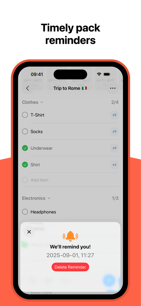 Packing List – Pack, Repeat - Pantalla de iPhone que muestra una lista de equipaje de viaje para un viaje a Roma con una superposición de notificación de recordatorio activa