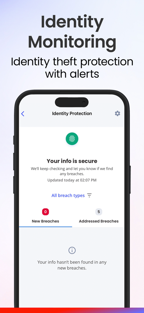 Tableau de bord de l'application McAfee Security affichant l'état de la protection de l'identité et les alertes de surveillance des violations de données sur un appareil mobile.