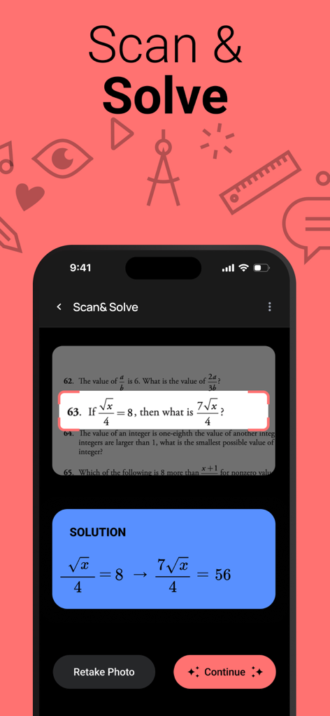 Mobile app screen showing a math equation scan and instant AI solution