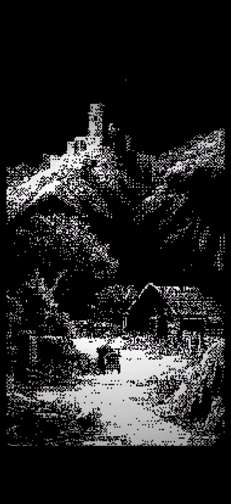 Trail of Gods - 1-bit high contrast black and white landscape with a dark tower on a hill