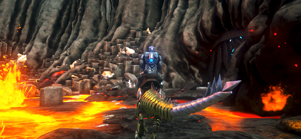 Um jogador vestindo uma armadura futurista montado em um dinossauro mecânico através de uma caverna vulcânica com lava corrente em ARK Ultimate Mobile Edition.