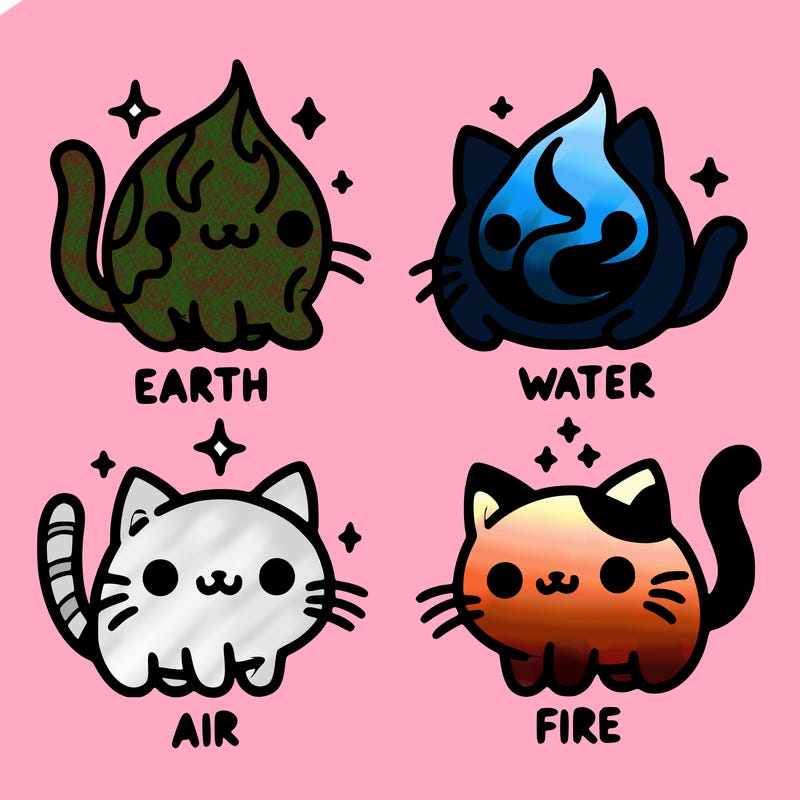 4 cats that represent the different elements, earth, water, air, and fire