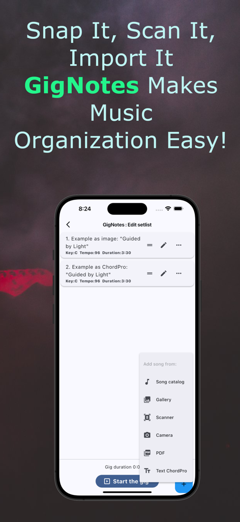 GigNotes – Setlists & Sheets - GigNotes app screen showing options to import songs from PDF camera and scanner into a music setlist
