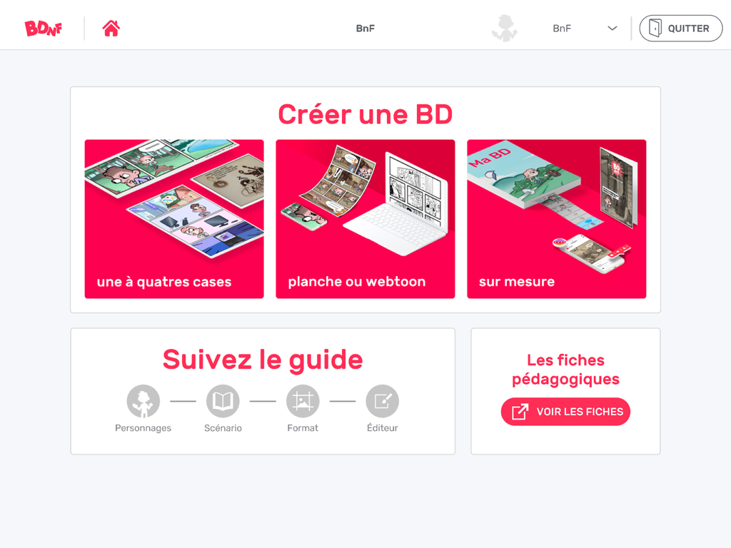 BDnF - the comics factory - Écran d'accueil de l'application BDnF montrant les options de création de bandes dessinées et de webtoons