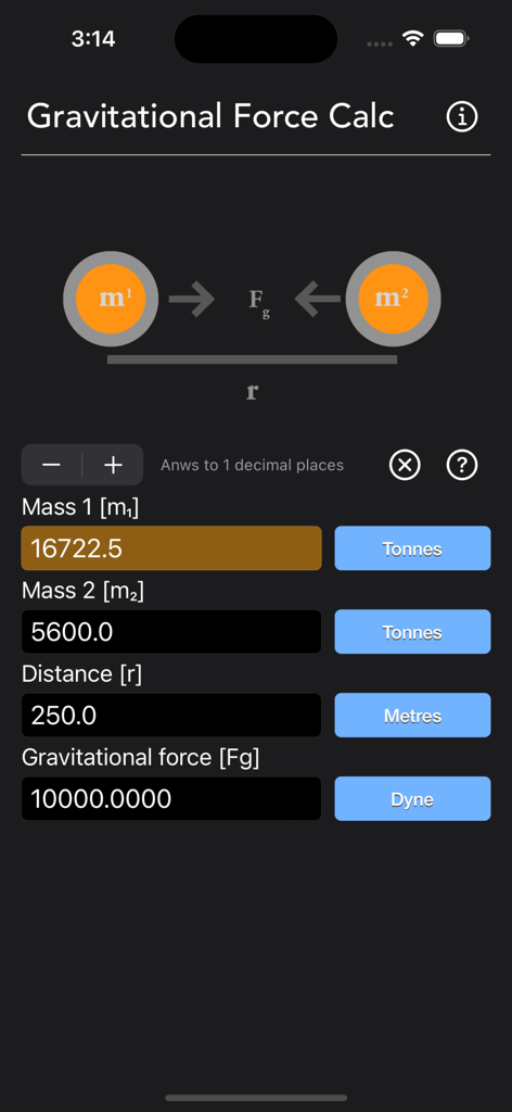 Gravitational Force Calculator - Gravitational Force Calculator app interface showing physics calculation fields for mass distance and force