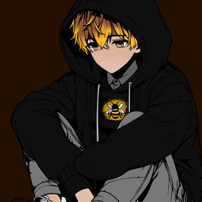 realistic anime boy sitting down with his hoodie bee his head looking down