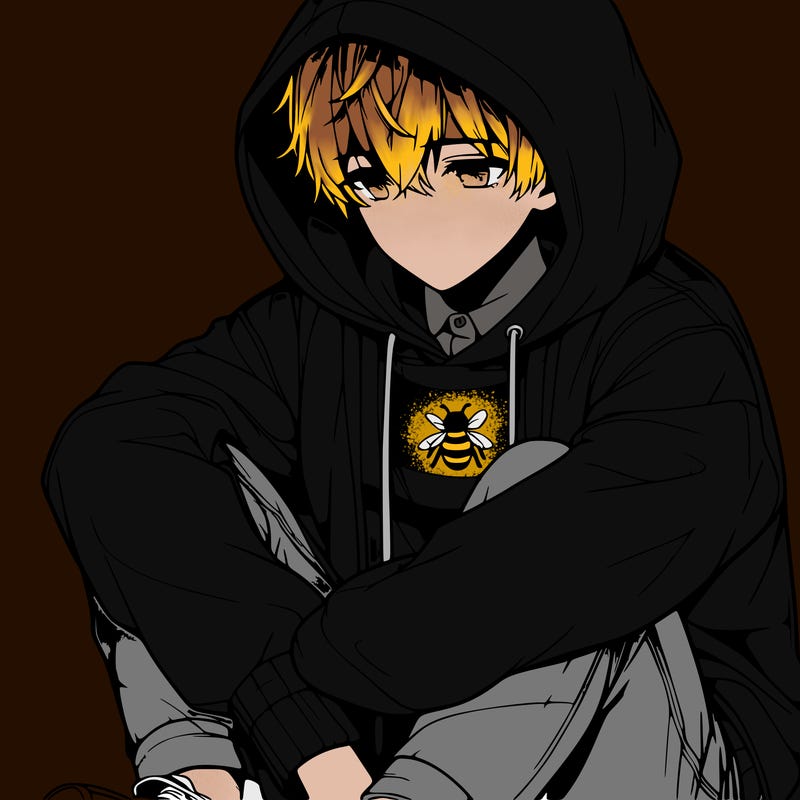 realistic anime boy sitting down with his hoodie bee his head looking down