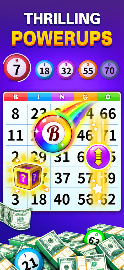 Bingo Cash mobile game screenshot showing a bingo card with various power-up icons and stacks of hundred dollar bills at the bottom