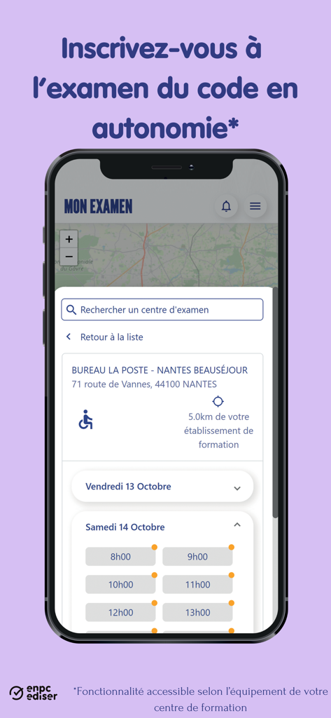 Kopilote - Kopilote mobile app interface for booking a driving theory exam showing location search and time slots
