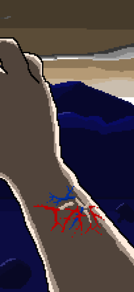 Parasite Days - Pixel art showing red and blue parasite veins spreading on a human arm