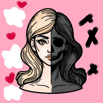 bust of a woman, half face and hair, half skull