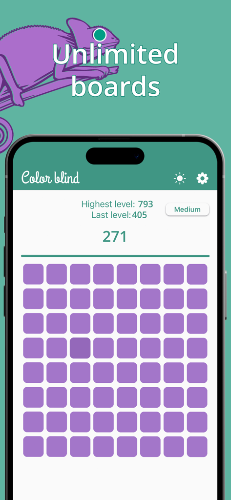 Color blind - Color game - Capture d'écran du jeu mobile Color blind montrant une grille de carrés violets et une illustration de caméléon