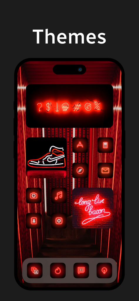 Pantalla de inicio de iPhone con tema de neón rojo e iconos personalizados