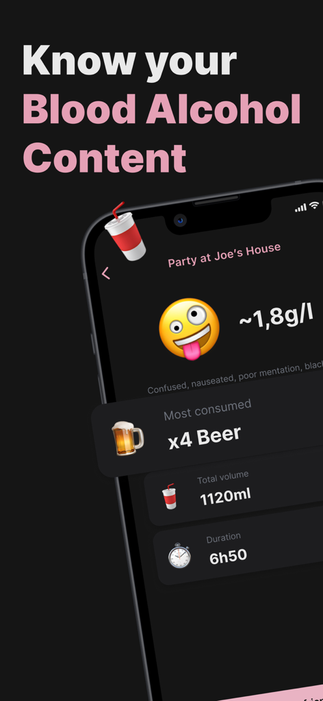 Screenshot der Drink Tracker BAC Buddy App, die einen geschätzten Blutalkoholspiegel und Statistiken zum Alkoholkonsum für eine Party anzeigt