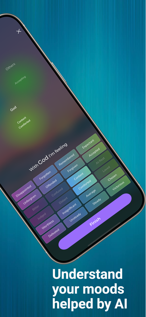 Smartphone screen showing the Soultime app mood tracker with spiritual and emotional labels like content, accepted, and forgiven.