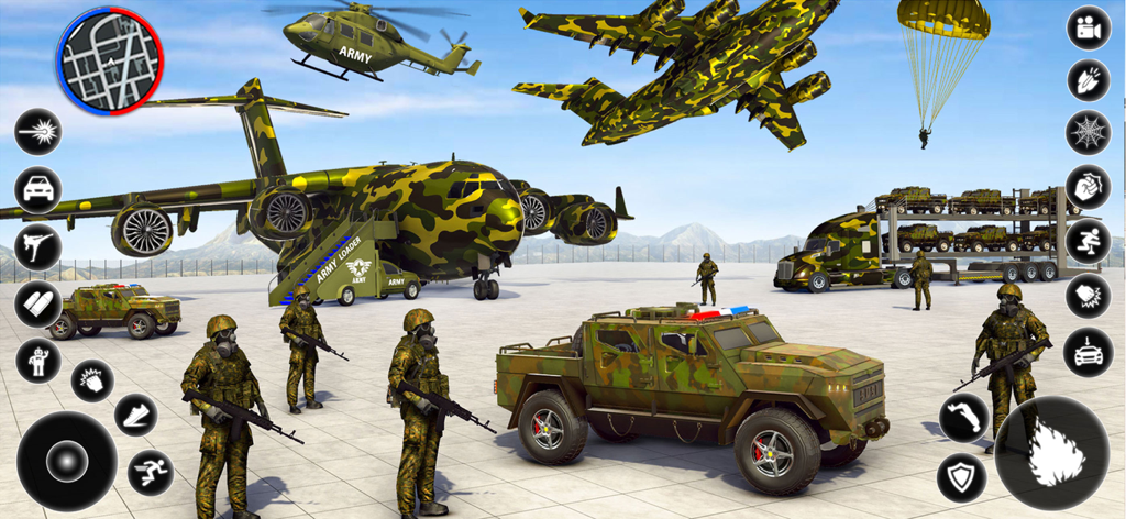 Simulation scene of US army vehicle transport with planes helicopters and trucks