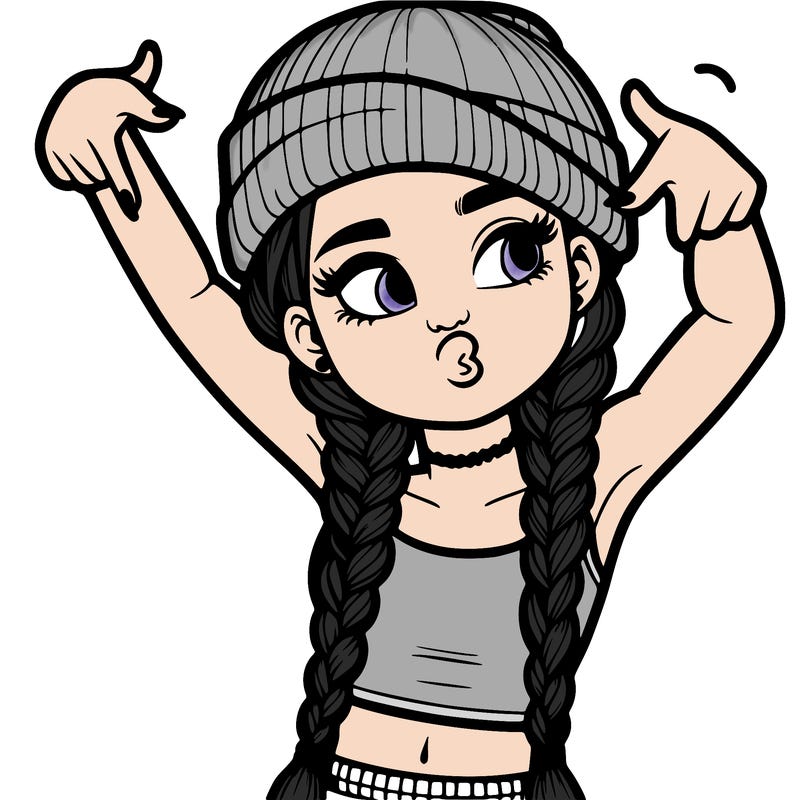 realistic teenage girl with braids and a beanie and crop top doing 🫶🏼