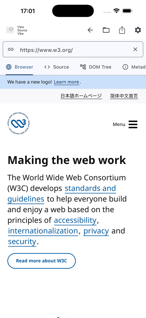 View Source Vibe - Captura de pantalla de la aplicación View Source Vibe mostrando el sitio web W3C en su navegador integrado para inspección web móvil.