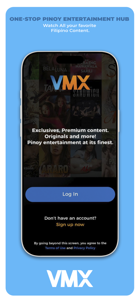 Vivamax (VMX) - Pantalla de inicio de sesión de la aplicación Vivamax con miniaturas de películas filipinas y el logo de VMX.