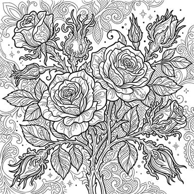 Dive into the mysterious beauty of our Gothic Moss Roses coloring page, featuring uniquely textured blooms set against an elegant Victorian lace backdrop. This intricate design offers a captivating artistic escape for those who appreciate dark romance and botanical artistry.