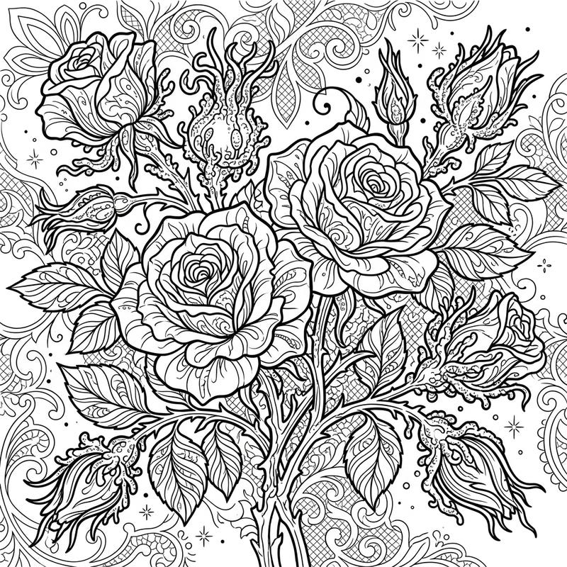 Dive into the mysterious beauty of our Gothic Moss Roses coloring page, featuring uniquely textured blooms set against an elegant Victorian lace backdrop. This intricate design offers a captivating artistic escape for those who appreciate dark romance and botanical artistry.