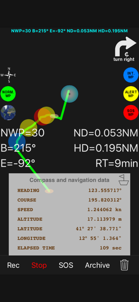 pathRecorder - come back - High-contrast navigation screen with breadcrumb path and GPS data including latitude and longitude