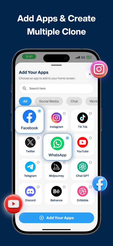 Pantalla 'Añadir Apps' en Dual Space Parallel Accounts mostrando una cuadrícula de iconos de redes sociales como Facebook y WhatsApp para clonar