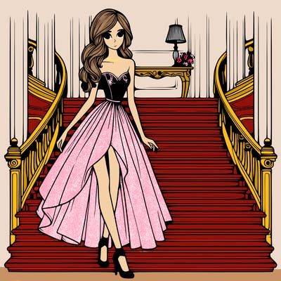realistic style,girl,wearing fancy dress,tall,slim,walking down a fancy staircase
