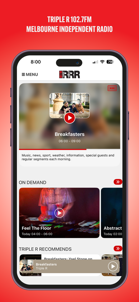 Triple R 102.7FM - Triple R 102.7FM Melbourne Independent Radio app home screen showing live and on demand programs