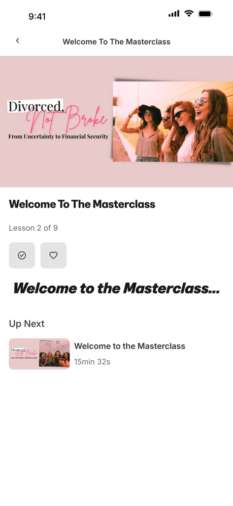 Finance Babe - Finance Babe app screenshot showing a masterclass lesson titled Divorced Not Broke for financial security