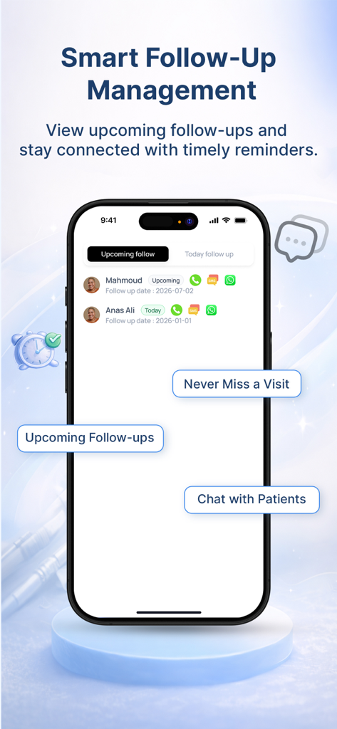 Interfaz de la aplicación UpDent para el seguimiento de citas de seguimiento de pacientes y comunicación por chat clínico.