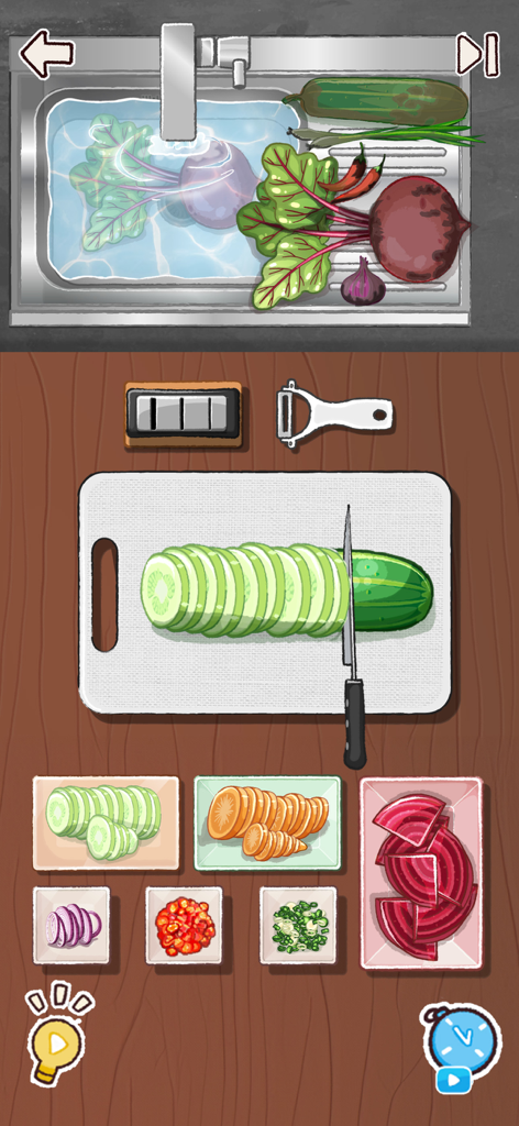 Satisroom: Perfectly Organized - Un reconfortante minijuego de cocina en Satisroom que muestra verduras siendo cortadas y organizadas en pequeños platos.