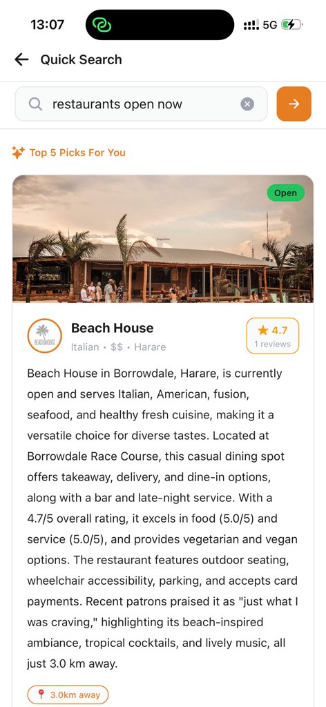 Outly - Outly mobile app displaying a quick search for restaurants open now with a detailed recommendation for Beach House.