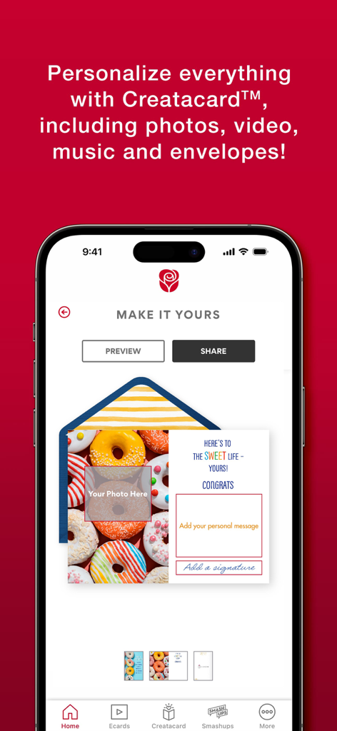 American Greetings Ecards - A smartphone showing the American Greetings app interface for personalizing a digital greeting card with photos and messages.