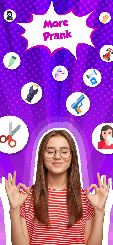 Una joven meditando rodeada de varios iconos de sonidos de broma divertidos como bocinas de aire y cortapelos