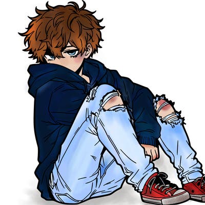 a male hoddie ripped jeans messy hair anime