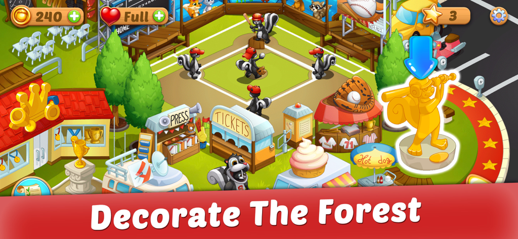 Solitaire: Forest Rescue - A gameplay screen of Solitaire Forest Rescue showing a baseball-themed area with animal characters and a decoration prompt
