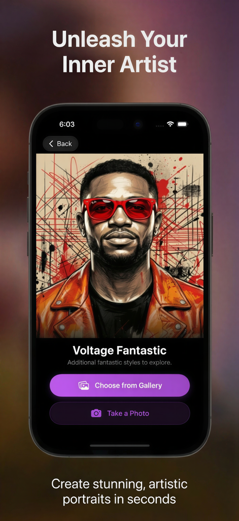 Interface of Toon App showing an artistic portrait filter and photo selection options