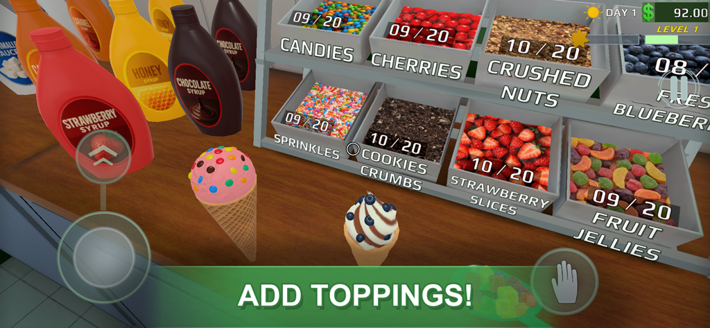 Ice Cream Revolution - 3D ice cream shop topping station with various syrups and candy bins