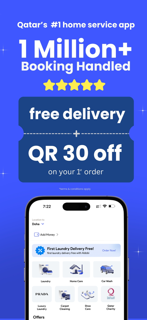 Aldobi: Laundry & Homecare - Aldobiホームサービスアプリのインターフェース。ランドリー、洗車、ホームケアサービスが表示され、初回注文割引バナーが付いています。