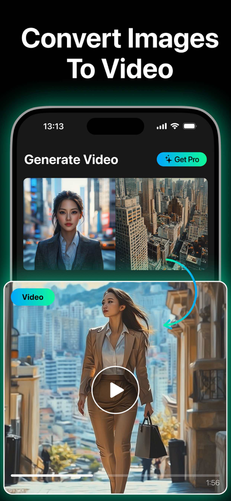 Interface of an AI video generator app showing the transformation of a static portrait into a cinematic walking video
