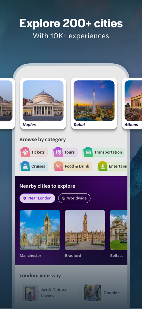 Mobile app interface of Headout showing travel categories and various cities to explore for tours and experiences.