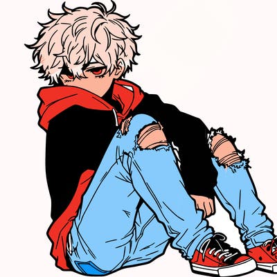 a male hoddie ripped jeans messy hair anime