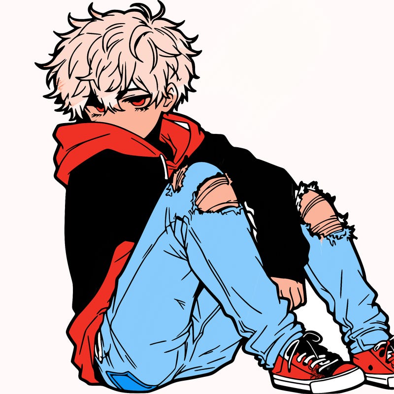 a male hoddie ripped jeans messy hair anime