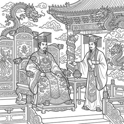 Explore the grandeur of ancient dynasties with this stunning coloring page featuring two powerful Ancient Chinese Emperors. Adorn their imperial robes and palace setting with your favorite colors for a majestic artistic adventure.