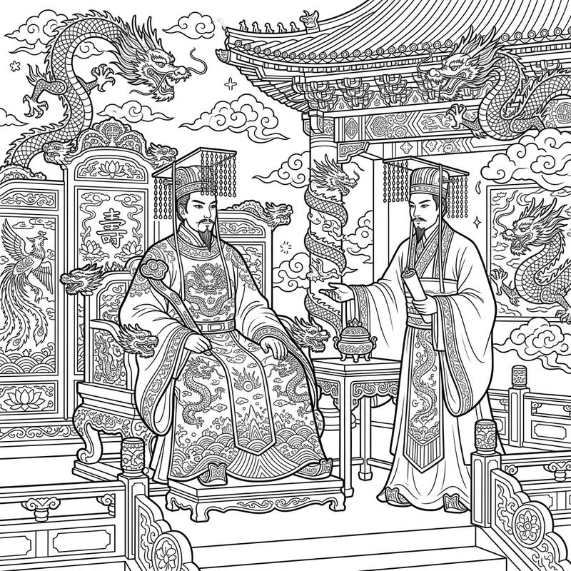Explore the grandeur of ancient dynasties with this stunning coloring page featuring two powerful Ancient Chinese Emperors. Adorn their imperial robes and palace setting with your favorite colors for a majestic artistic adventure.
