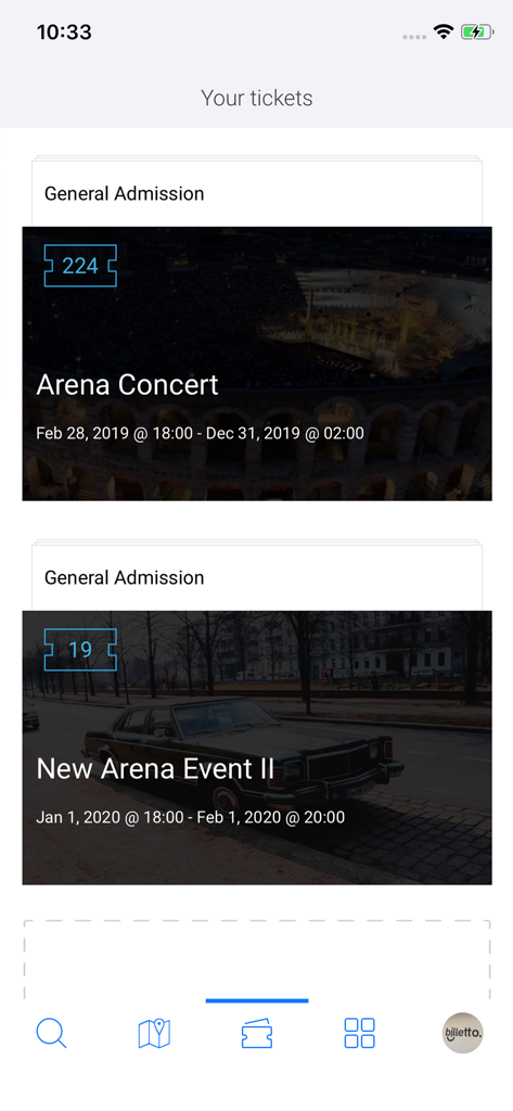 Tela do aplicativo Billetto mostrando uma lista de ingressos de eventos comprados para shows e eventos em arenas