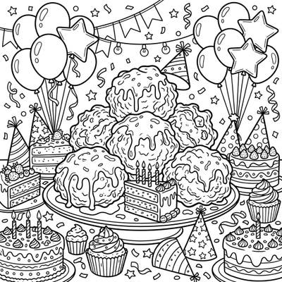 Get ready to celebrate with this fun coloring page featuring delicious apple fritters as the star of a lively birthday party. It's packed with festive details like cakes, balloons, and confetti, perfect for bringing a smile to any artist's face.